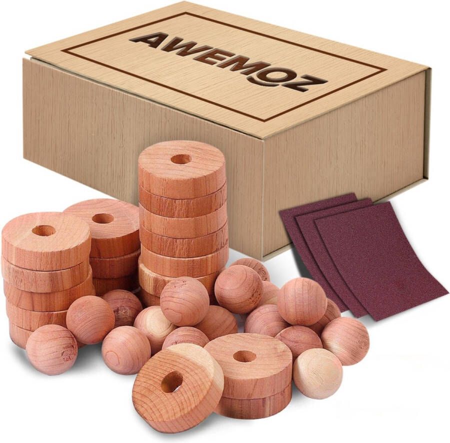 AWEMOZ ® Mottenballen 40 Stuks + 10 Stuks Schuurpapier Cederhout tegen motten Motten Bestrijden Mottenval