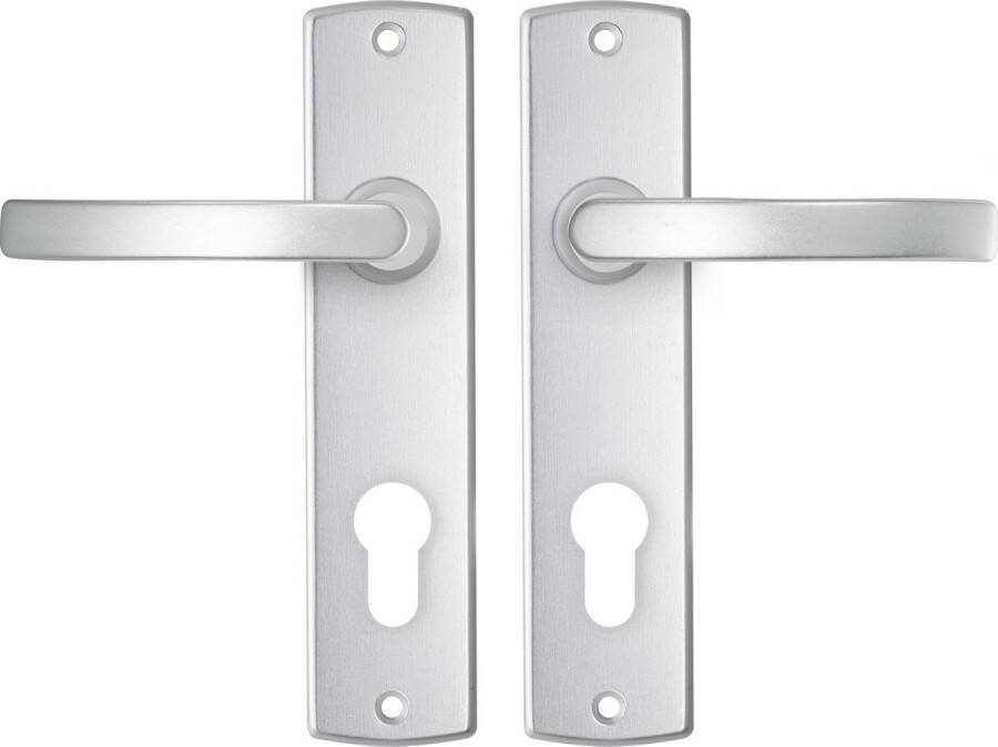 Axa Binnendeurbeslag set (Curve) Aluminium: Kruk (model Blok) op schild met cilindergat PC72