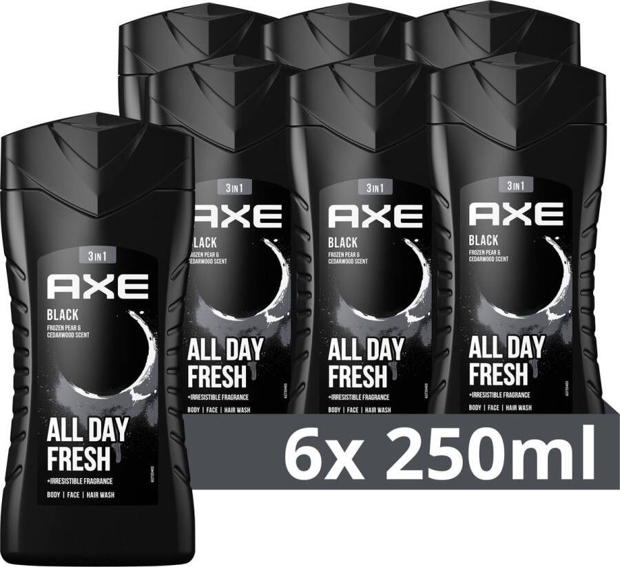 Axe 3-in-1 Douchegel Black met de verfijnde en subtiele geur van bevroren peer en cederhout 6 x 250 ml