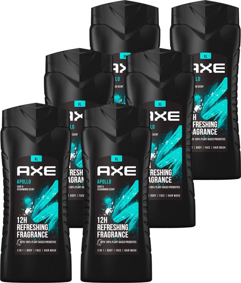 Axe – 3-in-1 Douchegel Facewash & Shampoo Mannen – Apollo- 12uur lang onweerstaanbare geur – Revoluntaire Dual-Action Techologie Voordeelverpakking 6 x 400 ml