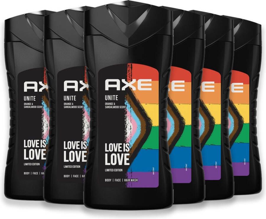 Axe 3-in-1 Douchegel Facewash & Shampoo Heren Unite 6 x 250 ml 4 + 2 gratis Voordeelverpakking