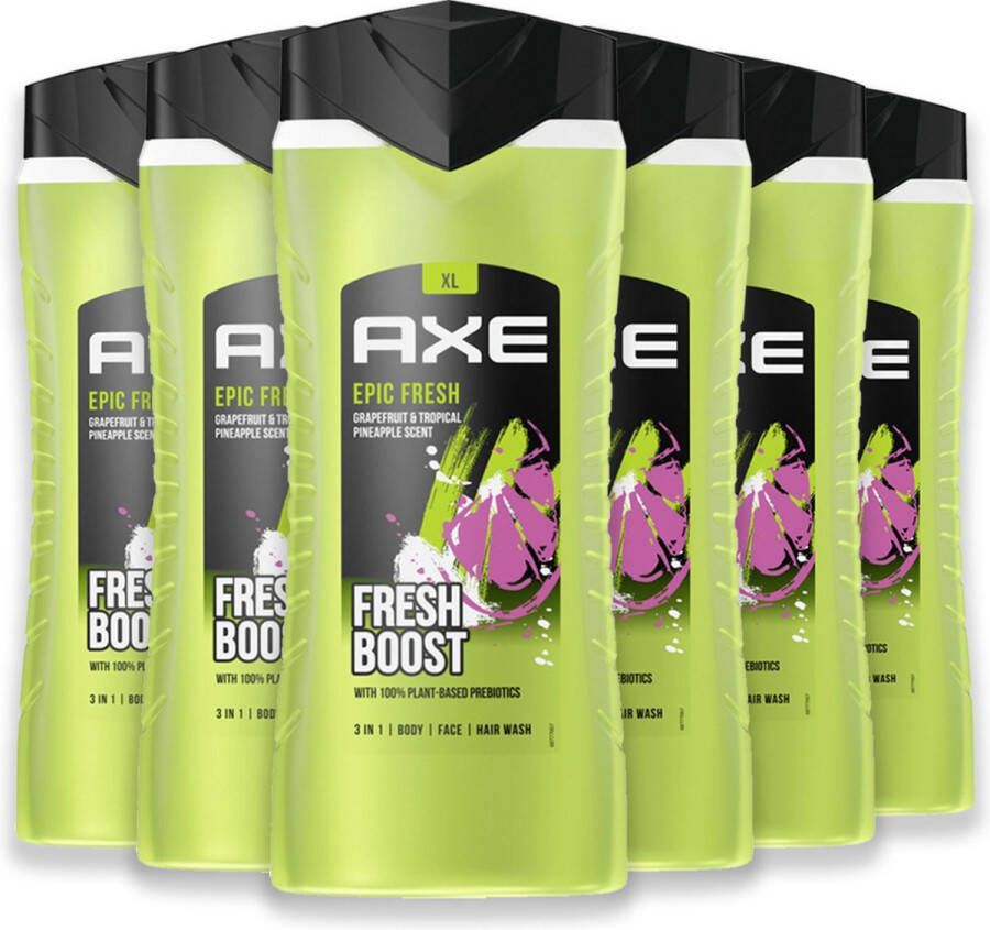 Axe 3-in-1 Douchegel Facewash & Shampoo Mannen Epic Fresh 6 x 400 ml XL 5+1 gratis Voordeelverpakking