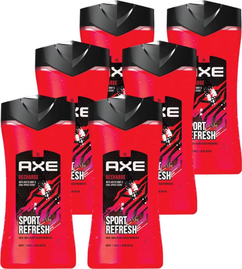 Axe 3-in-1 Douchegel Facewash & Shampoo Mannen Recharge Sport Refresh – 12 uur Lange Onweerstaanbare Frisse Geur van Artic Mint en Cool Spice Voordeelverpakking 6 x 400 ml