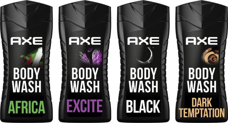 Axe 3-in-1 Douchegels Africa + Black + Dark Temptation + Excite vier onweerstaanbare geuren samen in een voordeelverpakking 4 x 250 ml