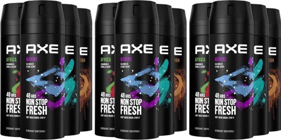 Axe Deodorant Bodyspray Mix 12 stuks Marine Africa Apollo Dark Temptation