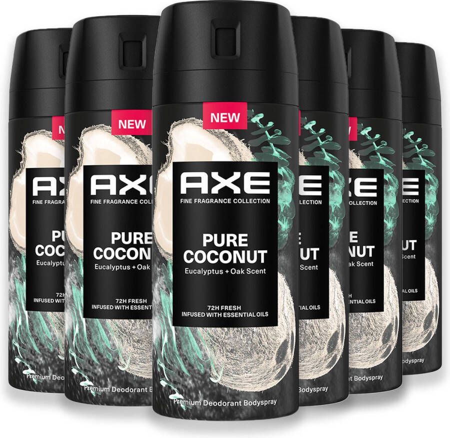 Axe Deodorant Fine Fragrance Spray Pure Coconut Deodorant voor Mannen 6 x 150 ml Voordeelverpakking