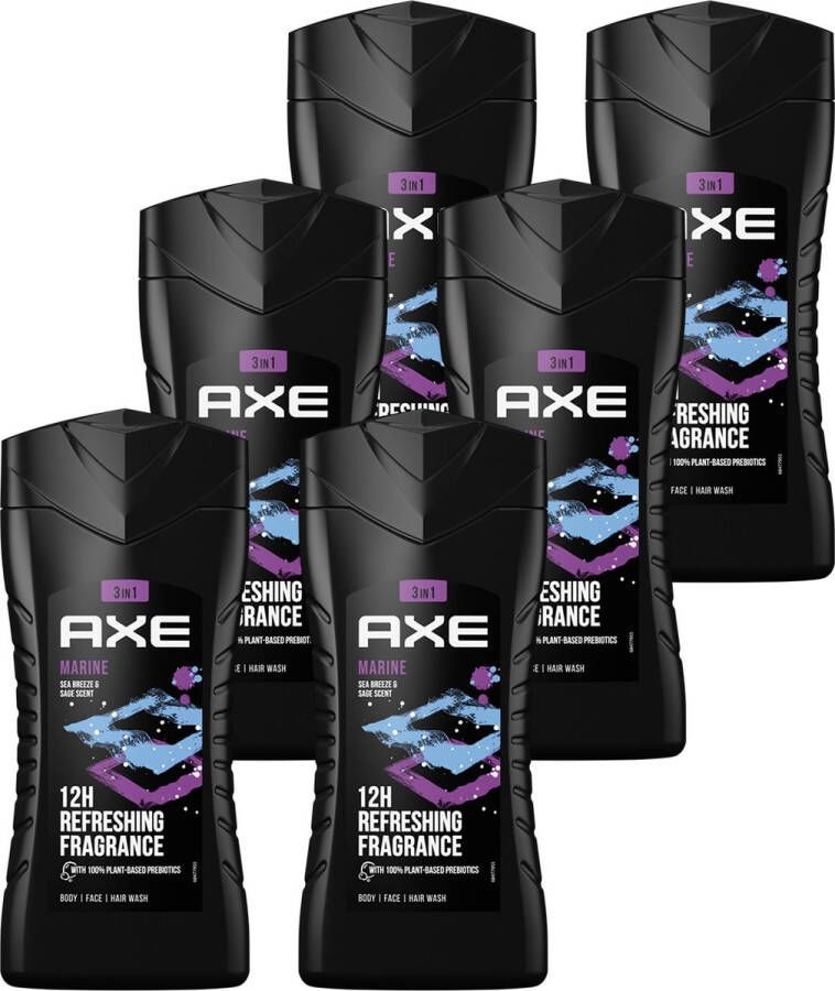 Axe 3-in-1 Douchegel Face Wash & Shampoo Mannen Marine Voordeelverpakking 6 x 250 ml