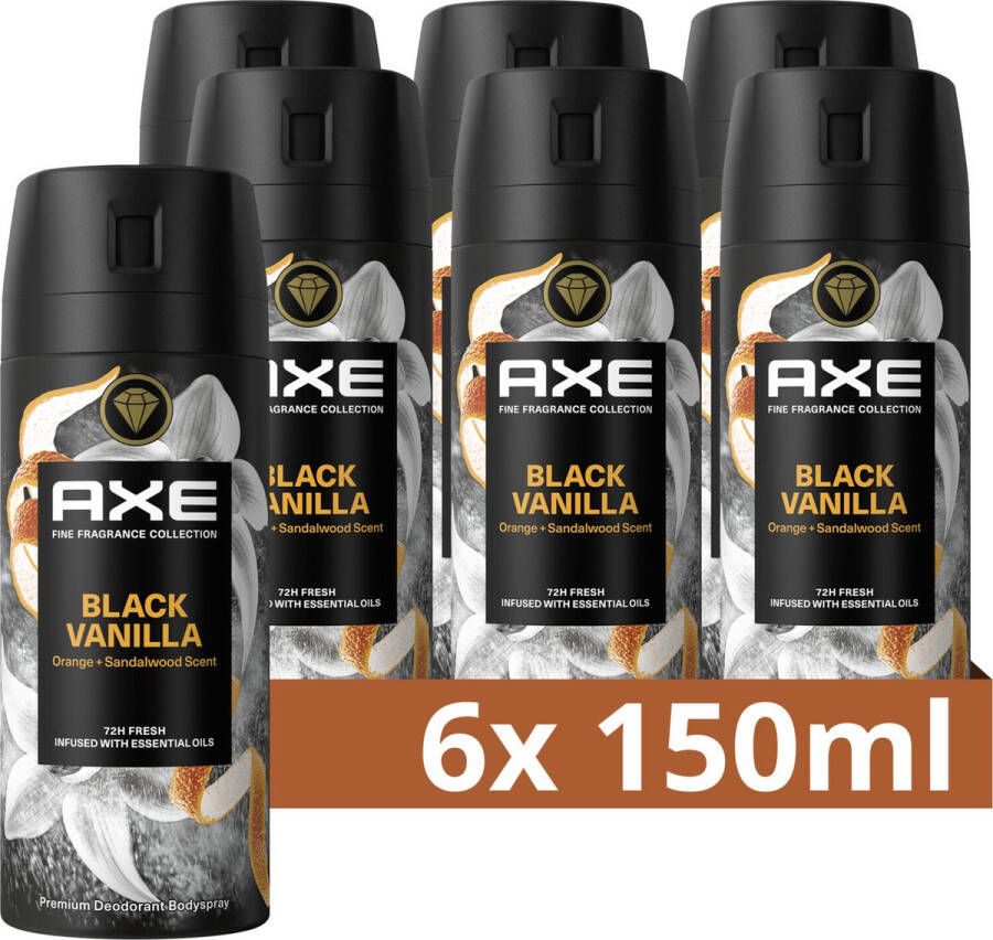 Axe Fine Fragrance Collection Premium Deodorant Bodyspray Black Vanilla met de geur van sinaasappel en sandelhout 6 x 150 ml