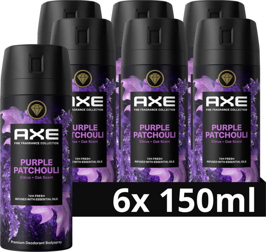 Axe Fine Fragrance Collection Premium Deodorant Bodyspray Purple Patchouli met de geur van citrusvruchten en eikenhout 6 x 150 ml