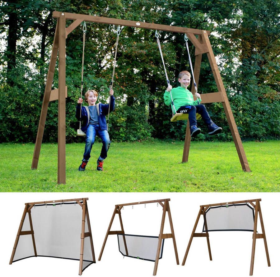 AXI 4-in-1 SportsFun in Bruin 4-in-1 Frame voor schommel voetbal volleybal en tennis Schommelframe met net voor sporten FSC hout