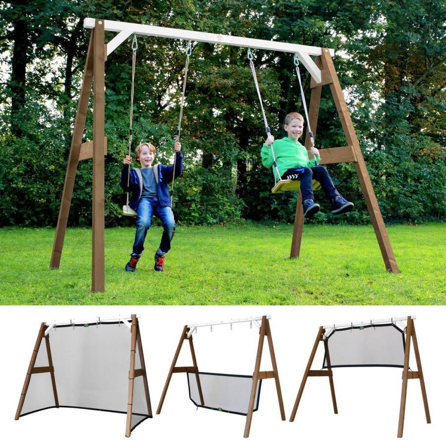 AXI 4-in-1 SportsFun in Bruin Wit 4-in-1 Frame voor schommel voetbal volleybal en tennis Schommelframe met net voor sporten FSC hout