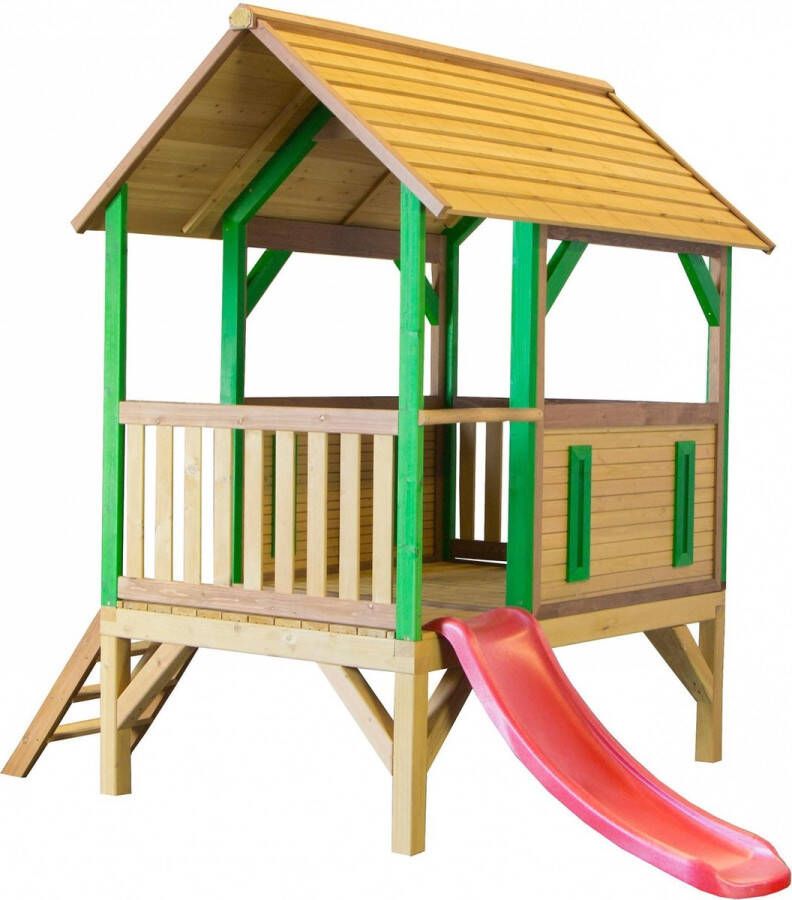 AXI Akela Speelhuis op palen in Bruin Groen met Rode Glijbaan Speelhuisje voor de tuin buiten FSC hout Speeltoestel voor kinderen
