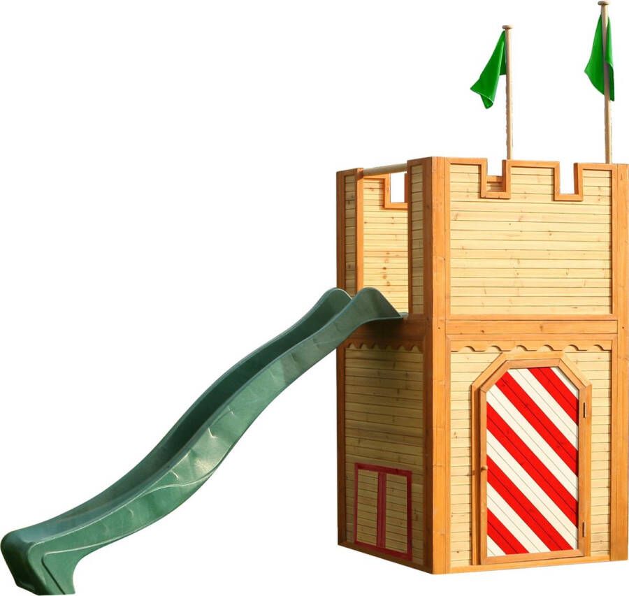AXI Arthur Houten Speelhuis Speeltoren met verdieping en Groene Glijbaan Speelhuisje in Bruin rood & groen FSC hout Speeltoestel Kasteel voor kinderen