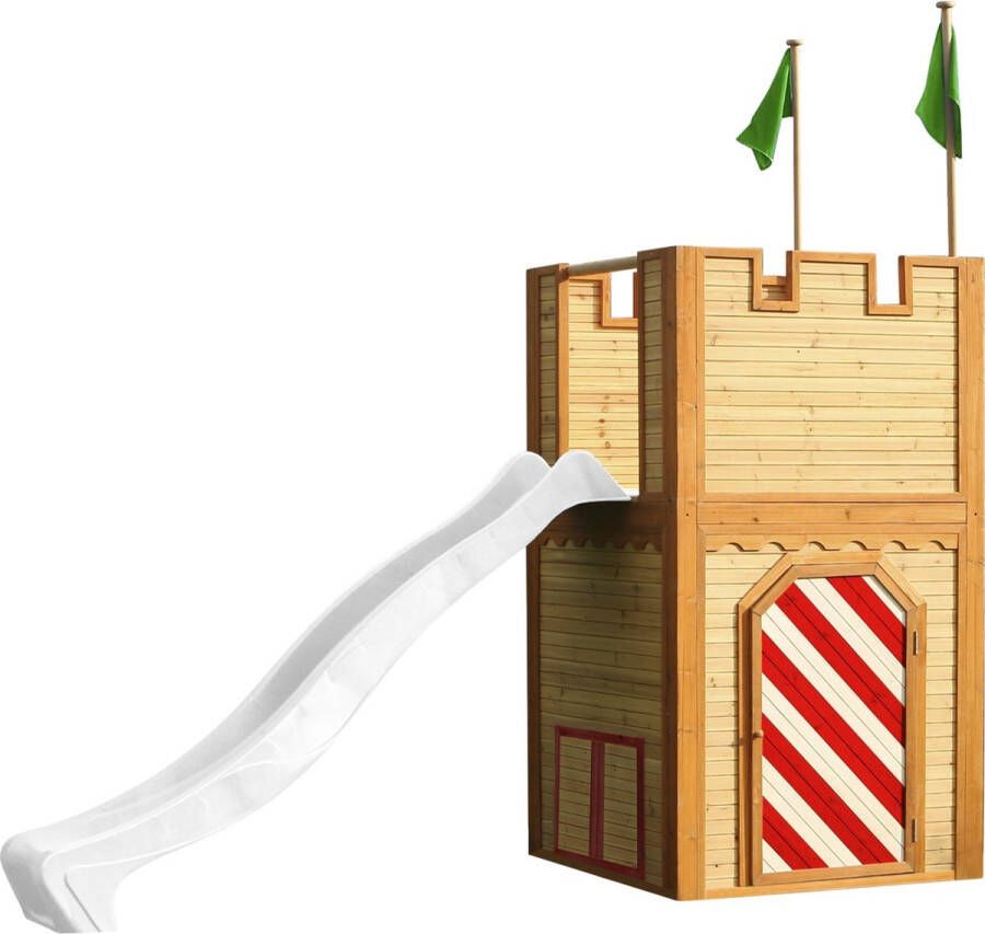 AXI Arthur Houten Speelhuis Speeltoren met verdieping en Witte Glijbaan Speelhuisje in Bruin rood & groen FSC hout Speeltoestel Kasteel voor kinderen