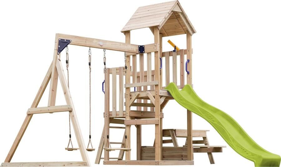 AXI Mette Speeltoestel met Dubbele Schommel Bruin – Limoen groene Glijbaan – Zandbak en Picknicktafel – Telescoop FSC hout Speelhuis op palen voor de tuin