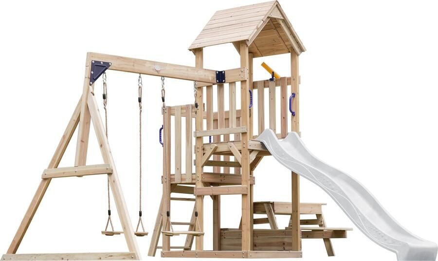 AXI Mette Speeltoestel met Dubbele Schommel Bruin – Witte Glijbaan – Zandbak en Picknicktafel – Telescoop FSC hout Speelhuis op palen voor de tuin
