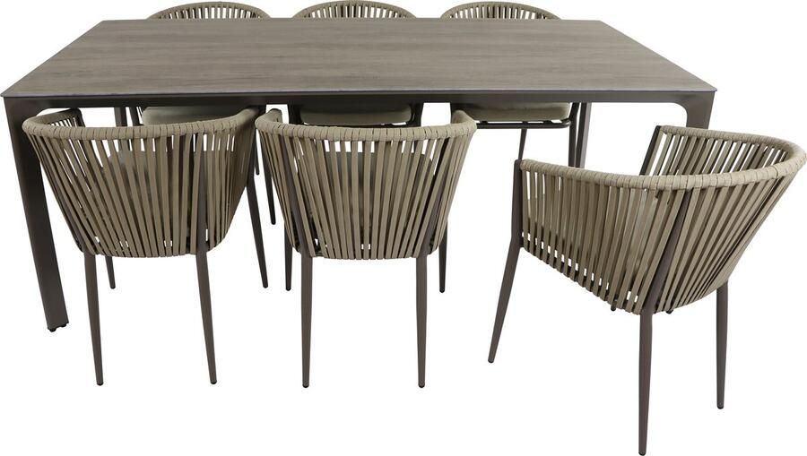 AXI Resi Tuinset met 6 stoelen Taupe met Hout-look PSPC – Gepoedercoat aluminium frame – Stoel met kaki kussen en Textileen geweven vlakke touwen PSPC tafelblad