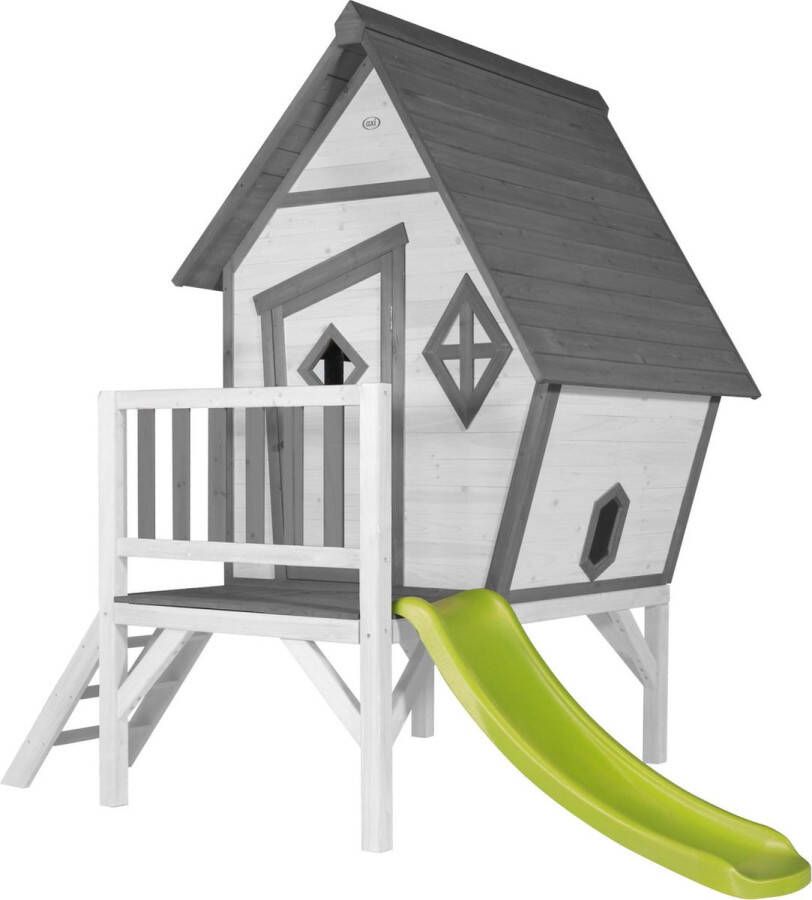 AXI Beach Cabin XL Speelhuis in Grijs Wit Met Verdieping en Limoen Groene Glijbaan Speelhuisje voor de tuin buiten FSC hout Speeltoestel voor kinderen