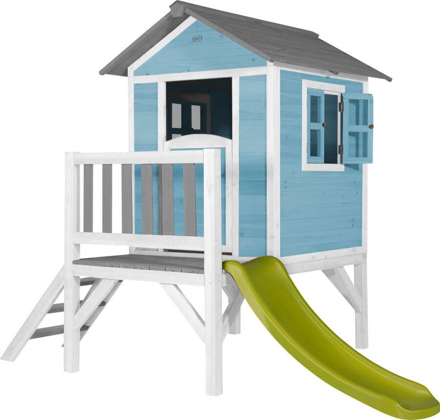 AXI Beach Lodge XL Speelhuis in Caribisch Blauw Met Verdieping en Limoen Groene Glijbaan Speelhuisje voor de tuin buiten FSC hout Speeltoestel voor kinderen
