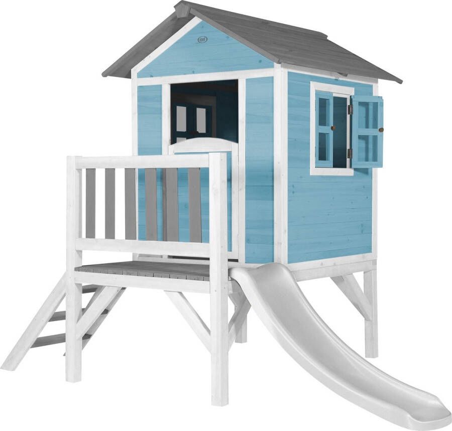 AXI Beach Lodge XL Speelhuis in Caribisch Blauw Met Verdieping en Witte Glijbaan Speelhuisje voor de tuin buiten FSC hout Speeltoestel voor kinderen