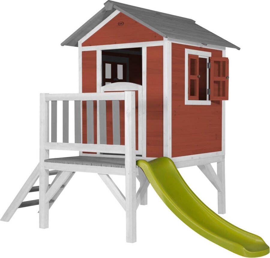 AXI Beach Lodge XL Speelhuis in Rood Met Verdieping en Limoen Groene Glijbaan Speelhuisje voor de tuin buiten FSC hout Speeltoestel voor kinderen