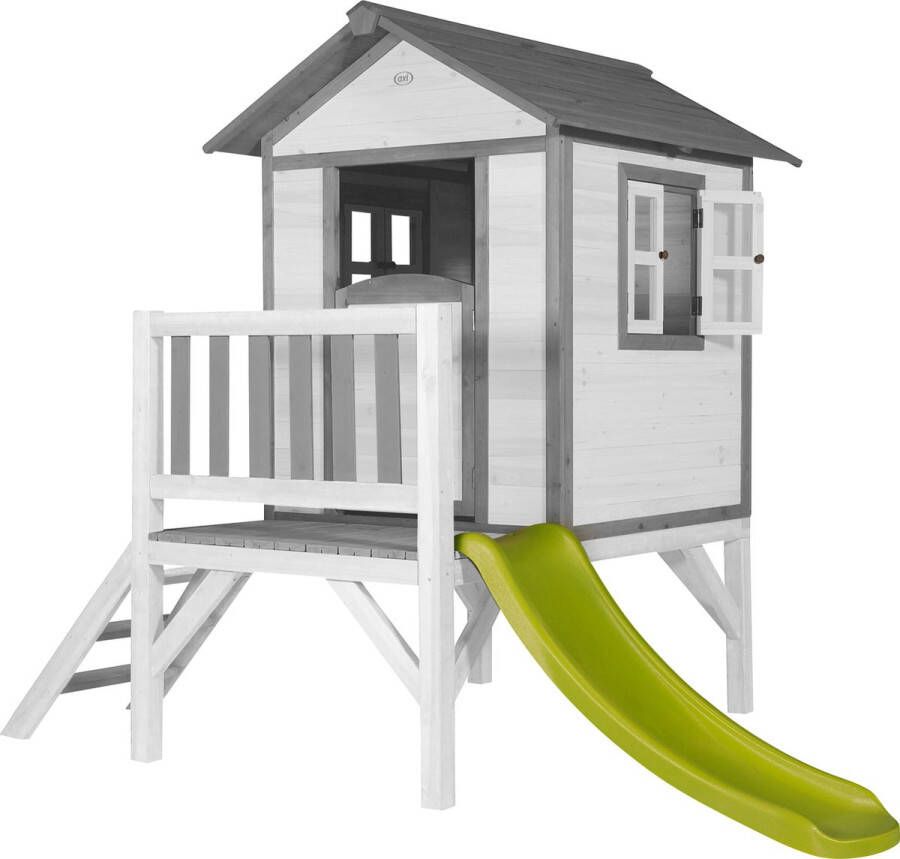 AXI Beach Lodge XL Speelhuis in Wit Met Verdieping en Limoen Groene Glijbaan Speelhuisje voor de tuin buiten FSC hout Speeltoestel voor kinderen