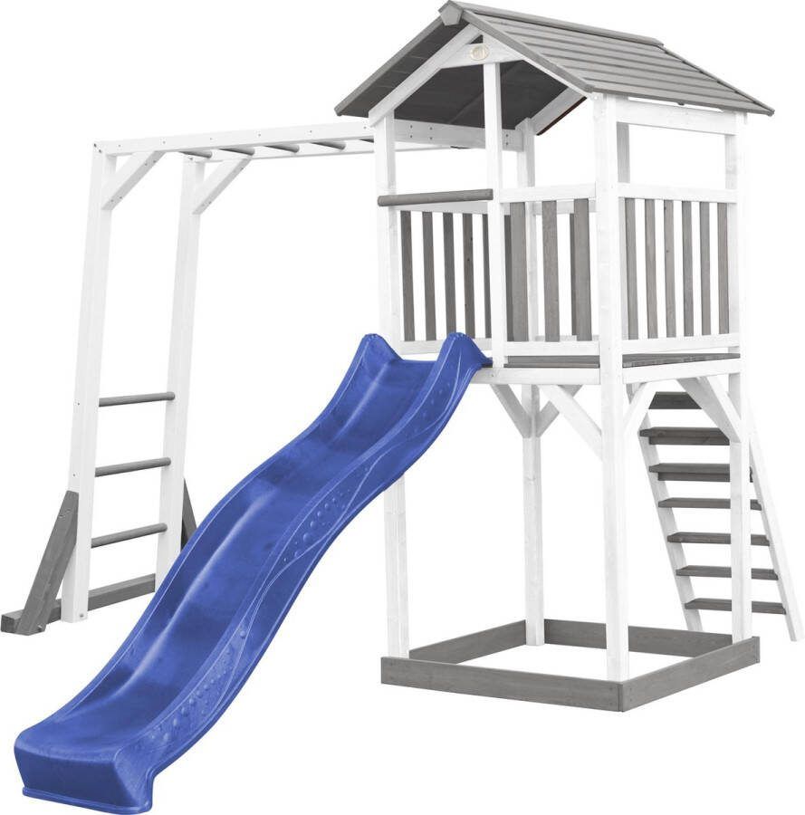 AXI Beach Tower Speeltoestel in Grijs Wit Speeltoren met Klimrek Blauwe Glijbaan en Zandbak FSC hout Speelhuis op palen voor de tuin