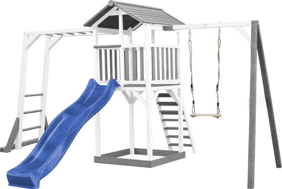 AXI Beach Tower Speeltoestel in Grijs Wit Speeltoren met Klimrek Enkele Schommel Blauwe Glijbaan en Zandbak FSC hout Speelhuis op palen voor de tuin