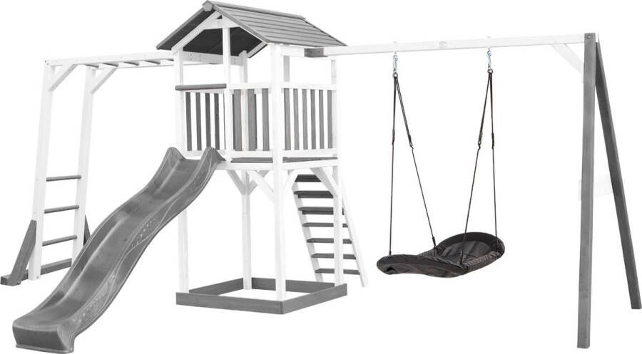 AXI Beach Tower Speeltoestel in Grijs Wit Speeltoren met Klimrek Enkele Schommel Grijze Glijbaan en Zandbak FSC hout Speelhuis op palen voor de tuin