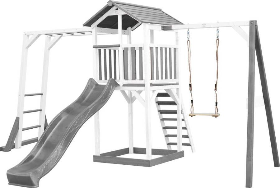 AXI Beach Tower Speeltoestel in Grijs Wit Speeltoren met Klimrek Enkele Schommel Grijze Glijbaan en Zandbak FSC hout Speelhuis op palen voor de tuin