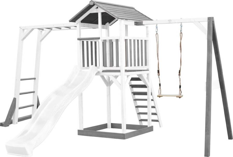 AXI Beach Tower Speeltoestel in Grijs Wit Speeltoren met Klimrek Enkele Schommel Witte Glijbaan en Zandbak FSC hout Speelhuis op palen voor de tuin