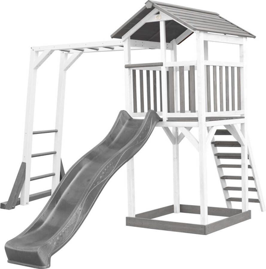 AXI Beach Tower Speeltoestel in Grijs Wit Speeltoren met Klimrek Grijze Glijbaan en Zandbak FSC hout Speelhuis op palen voor de tuin
