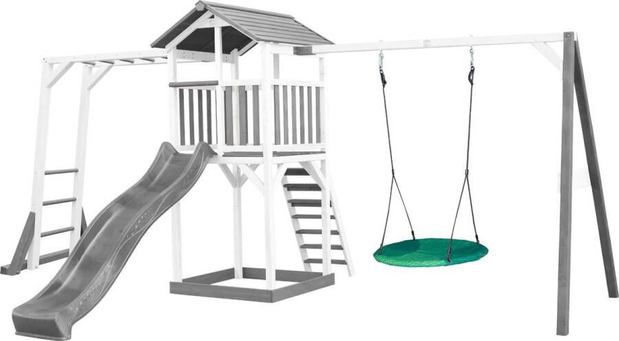 AXI Beach Tower Speeltoestel in Grijs Wit Speeltoren met Klimrek Summer Nestschommel Grijze Glijbaan en Zandbak FSC hout Speelhuis op palen voor de tuin