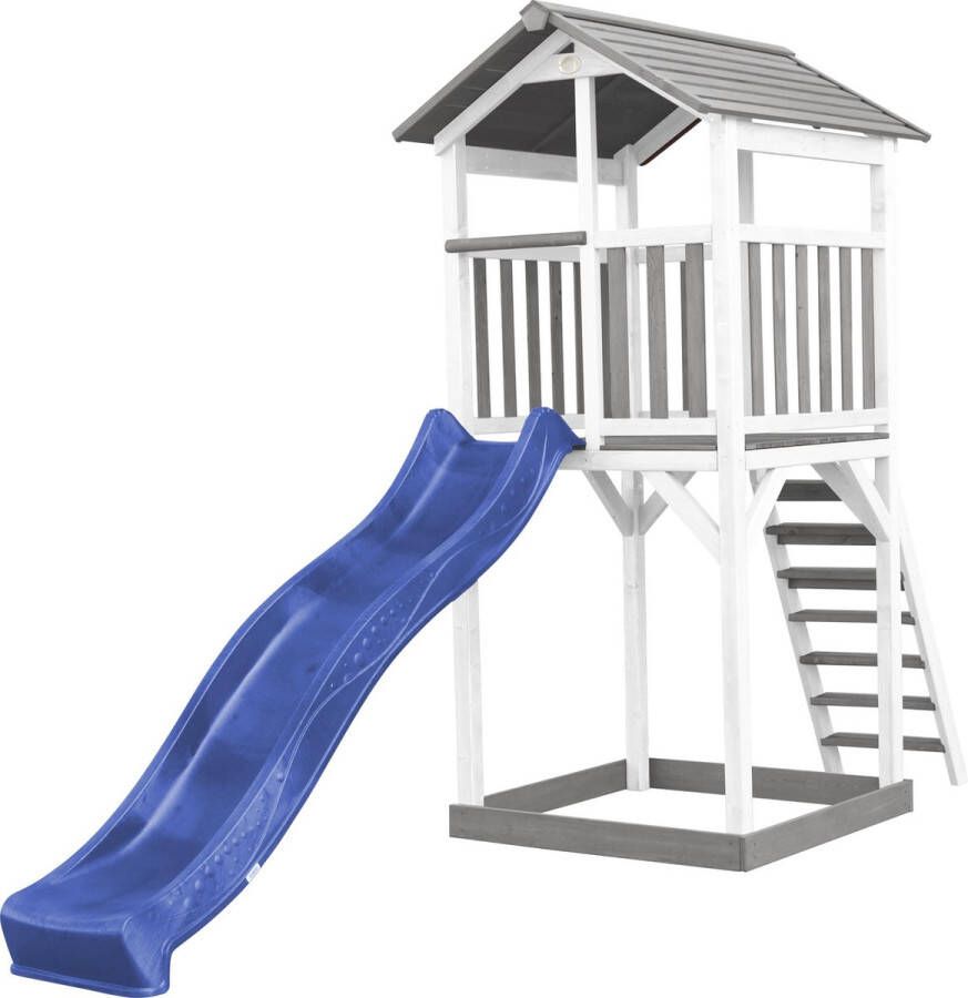 AXI Beach Tower Speeltoestel in Grijs Wit Speeltoren met Zandbak en Blauwe Glijbaan FSC hout Speelhuis op palen voor de tuin