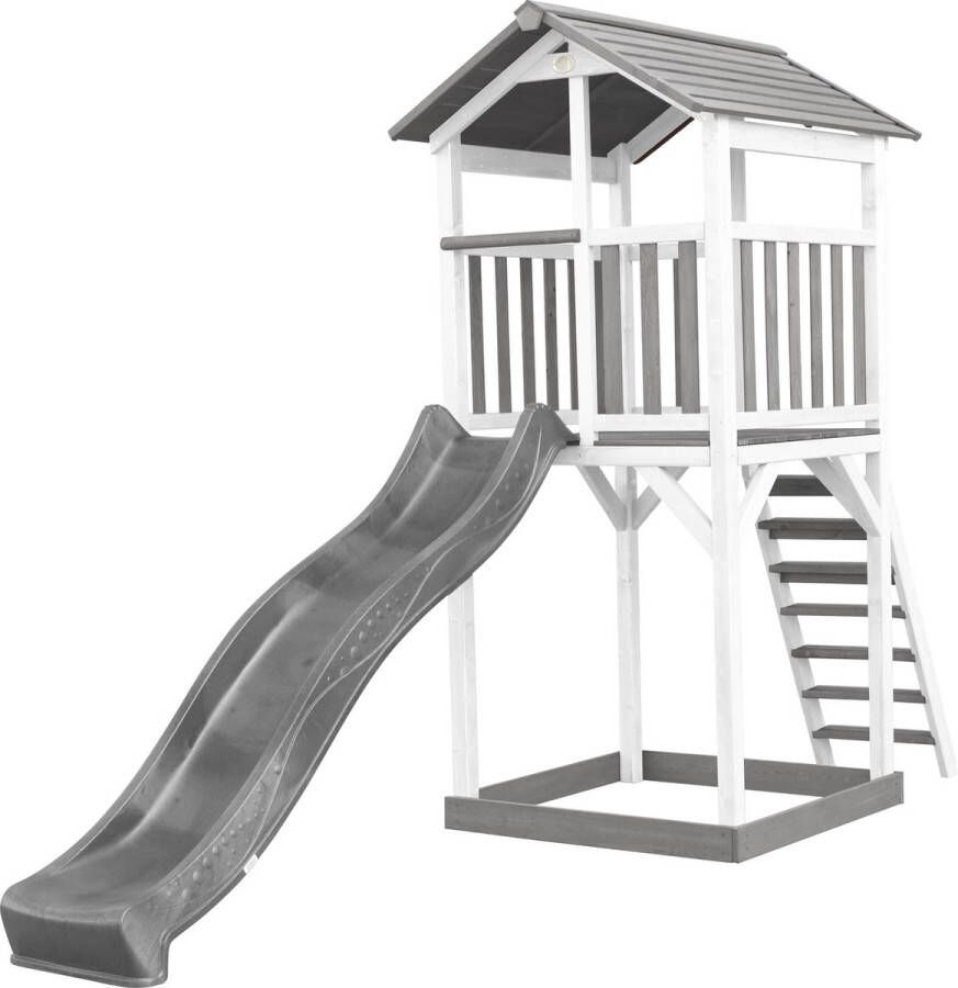 AXI Beach Tower Speeltoestel in Grijs Wit Speeltoren met Zandbak en Grijze Glijbaan FSC hout Speelhuis op palen voor de tuin