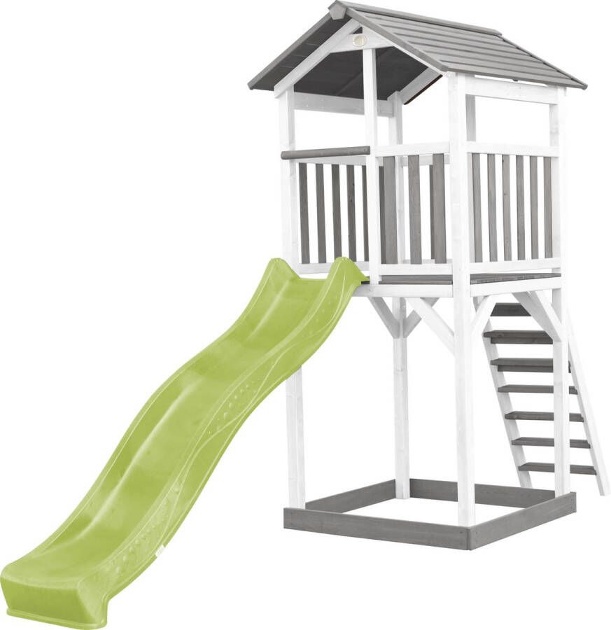 AXI Beach Tower Speeltoestel in Grijs Wit Speeltoren met Zandbak en Limoen Groene Glijbaan FSC hout Speelhuis op palen voor de tuin