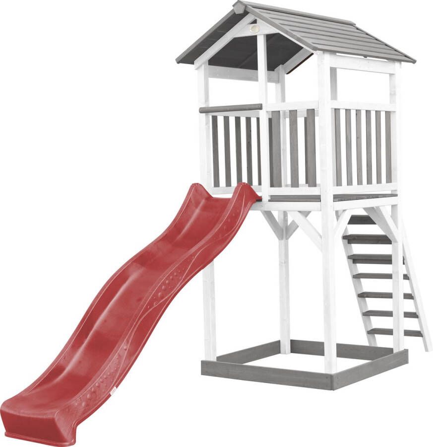 AXI Beach Tower Speeltoestel in Grijs Wit Speeltoren met Zandbak en Rode Glijbaan FSC hout Speelhuis op palen voor de tuin