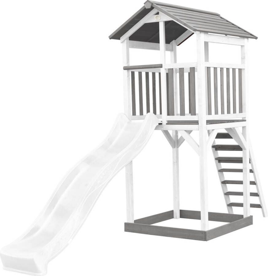 AXI Beach Tower Speeltoestel in Grijs Wit Speeltoren met Zandbak en Witte Glijbaan FSC hout Speelhuis op palen voor de tuin