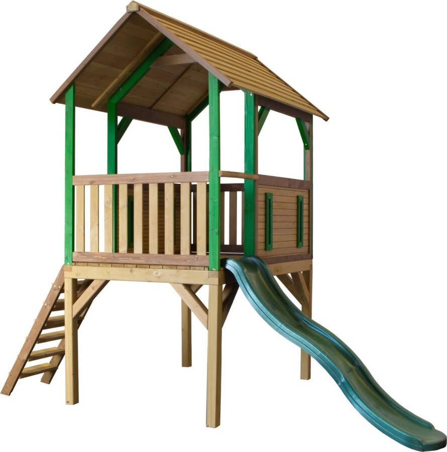 AXI Bogo Speeltoestel in Bruin Groen Speeltoren met Groene Glijbaan FSC hout Speelhuis op palen voor de tuin