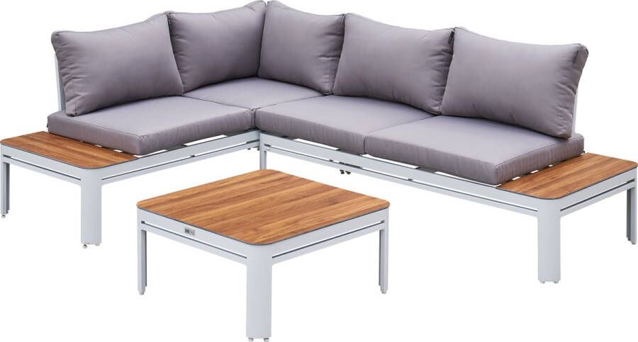 AXI Eos Loungeset met ligbed Wit met Hout-look PSPC – Hoekset met tafel Gepoedercoat aluminium frame – Geïntegreerd ligbed PSPC tafelblad