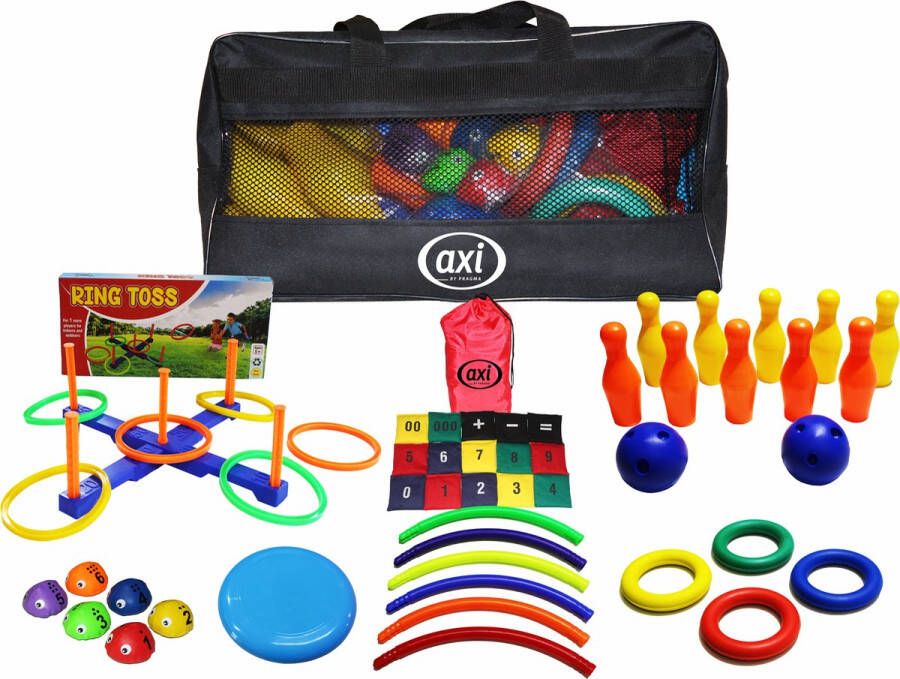 AXI Kids Activity Bag – Educatieve activiteiten tas voor kinderen – Ringwerpen – Bowlen – Frisbee – Hoelahoep Pittenzakjes