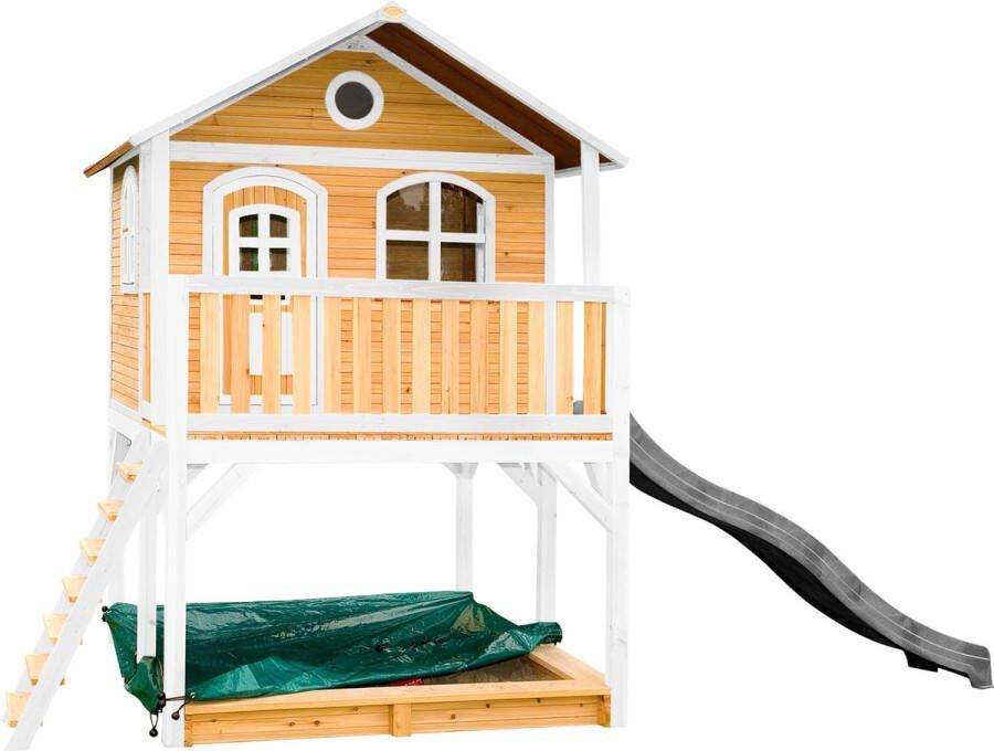 AXI Marc Speelhuis in Bruin Wit Met Verdieping Zandbak en Grijze Glijbaan Speelhuisje voor de tuin buiten FSC hout Speeltoestel voor kinderen
