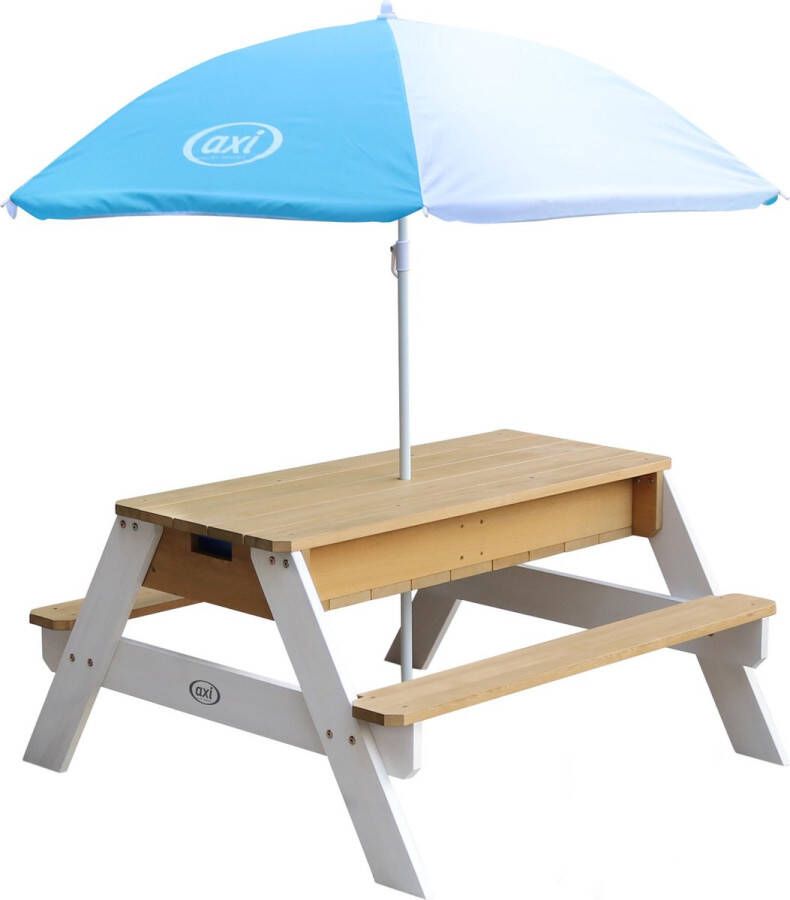 AXI Nick Zand & Water Picknicktafel (2 bankjes) in Bruin Wit met Parasol Deluxe Picknick tafel voor kinderen van hout