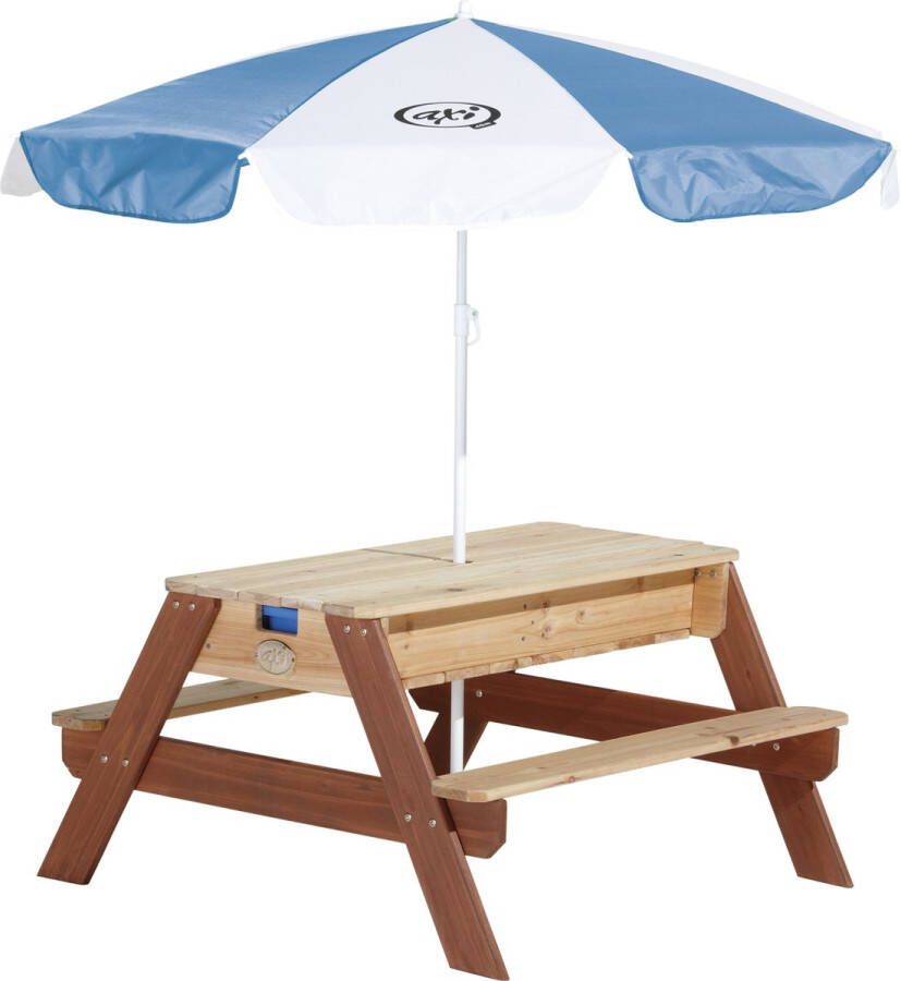 AXI Nick Zand & Water Picknicktafel in Bruin Met in hoogte verstelbare Parasol in Blauw Wit Multifunctionele Picknick tafel van FSC hout Picknick tafel voor kinderen van hout