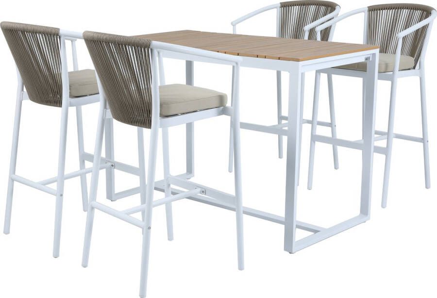 AXI Ravi Barset met 4 barkrukken Wit met Teak-look Polywood – Gepoedercoat aluminium frame – Barkruk met kaki kussen en rugleuning van Olefin touwen Polywood tafelblad