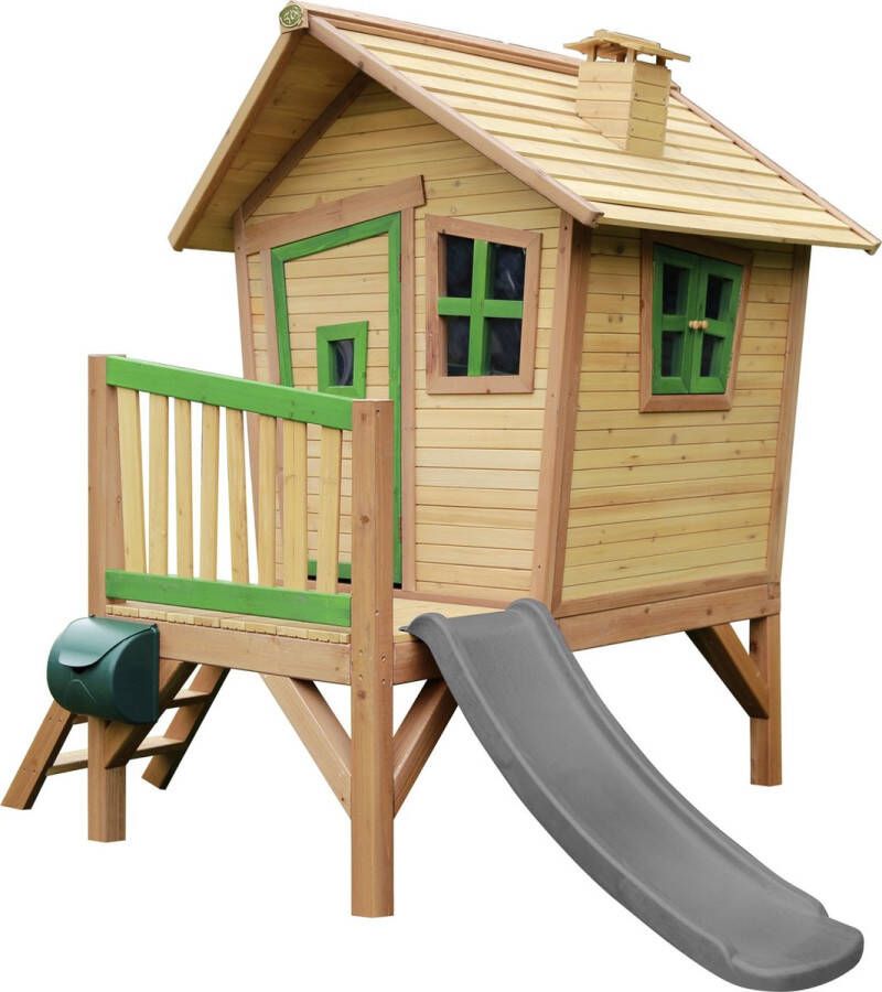 AXI Robin Speelhuis in Bruin Groen Met Verdieping en Grijze Glijbaan Speelhuisje voor de tuin buiten FSC hout Speeltoestel voor kinderen