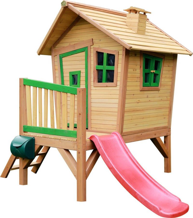 AXI Robin Speelhuis in Bruin Groen Met Verdieping en Rode Glijbaan Speelhuisje op palen met veranda FSC hout Speeltoestel voor de tuin