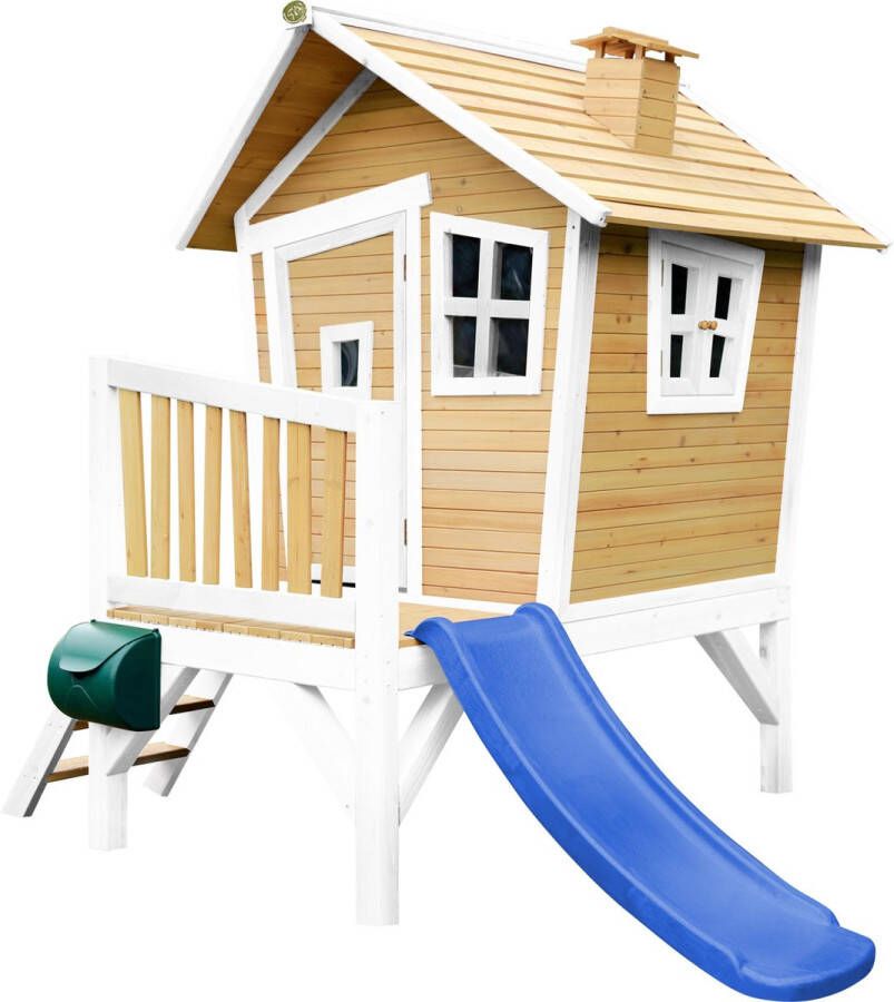 AXI Robin Speelhuis in Bruin Wit Met Verdieping en Blauwe Glijbaan Speelhuisje voor de tuin buiten FSC hout Speeltoestel voor kinderen
