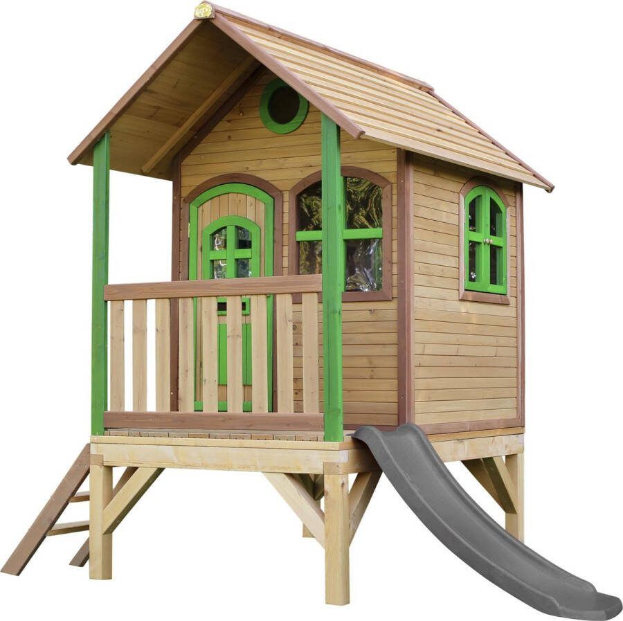 AXI Tom Speelhuis in Bruin Groen Met Verdieping en Grijze Glijbaan Speelhuisje voor de tuin buiten FSC hout Speeltoestel voor kinderen