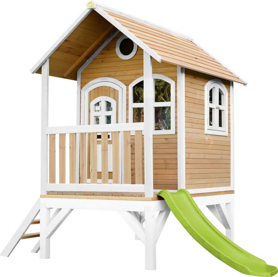 AXI Tom Speelhuis in Bruin Wit Met Verdieping en Limoen Groene Glijbaan Speelhuisje voor de tuin buiten FSC hout Speeltoestel voor kinderen
